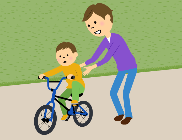 自転車を練習している子供を支える父親のイラスト